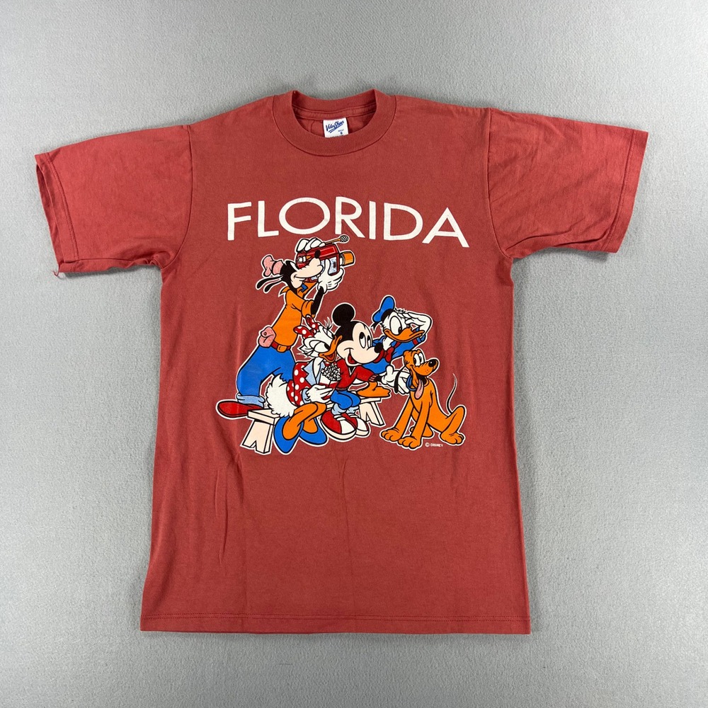Vintage 90s Velva Sheen Florida Disney Pink Graphic Tee Mens Size S Made In USA